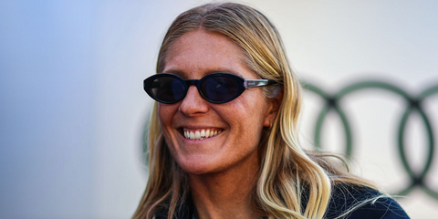 Australian surfer Stephanie Gilmore was seen wearing black Saint Laurent Sun SL 567 001 sunglasses at the F1 Grand Prix of Australia, March 2026.