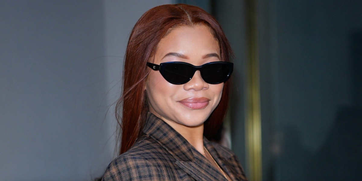 Storm Reid was seen wearing black Coach Cdp42 HC8456D 5002/87 cat eye sunglasses in New York City, April 2026.