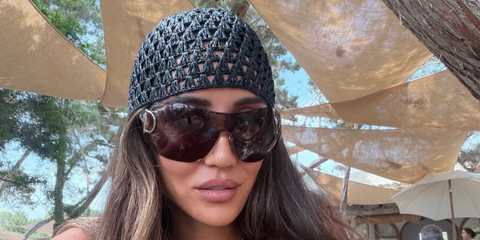 Tamara Kalinic was seen wearing Gucci GG2174S 001 horsebit shield sunglasses in Ibiza, July 2026.