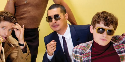 British-Thai actor Tayme Thapthimthong, pictured in the middle alongside The White Lotus casts Patrick Schwarzenegger and Sam Nivola, was seen wearing silver Miu Miu MU A55S 1BC80Q sunglasses in The Wrap Book vol. 4 feature, August 2025. Shop oline now on Pretavoir