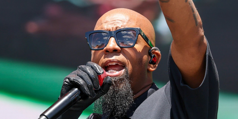 Rapper Tech N9ne was seen wearing black Gucci GG1714S 001 square sunglasses with grey gradient lenses at FIFA World Cup 2026 Fan Festival Kansas City