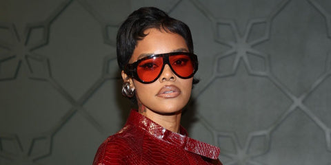 Teyana Taylor was seen wearing dark tortoiseshell Tom Ford Bronson TF1044 52S sunglasses with red lenses at the grand opening of Gymkhana Las Vegas at ARIA Resort & Casino, January 2026.