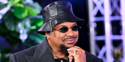 Musician The-Dream was seen wearing gold Cartier Panthere CT0433S 003 diamond-shaped sunglasses with green lenses at "The Big Tigger Morning Show" in Atlanta, Georgia, May 2026.