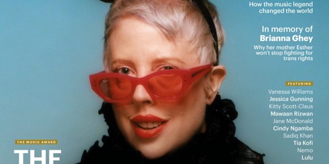 DJ The Blessed Madonna was seen wearing red Ray-Ban Zena RB 4430 6760/84 sunglasses with pink lenses on the cover of Attitude Magazine, November/December 2024