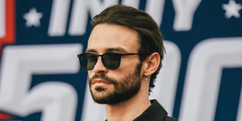 Actor Thomas Doherty was seen wearing black Garrett Leight Kinney 2007 BK/SFPBS sunglasses with blue lenses at the Indy 500 race, May 2026.