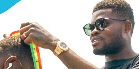 Ghanian footballer Thomas Partey of the Arsenal FC was seen wearing black Persol 3210S 95/31 Black sunglasses while presenting awards at the Thomas Partey Football Tournament.