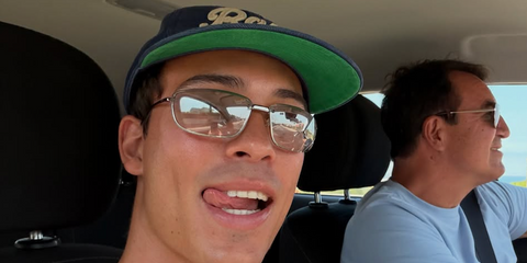 Media personality Tim Schaecker of The Elevator Boys was seen wearing silver Miu Miu MU A50S 1BC8H1 sunglasses with mirror lenses in Portugal, July 2026.