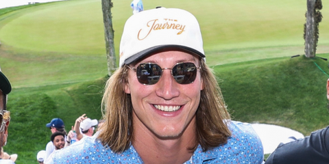 American football player Trevor Lawrence of Jacksonville Jaguars was seen wearing Ray-Ban Jim RB 3694 001/31 sunglasses at PGA The Players Championship 2024.