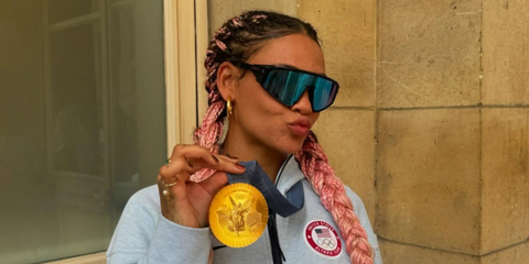 Footballer Trinity Rodman of Washington Spirit FC and US National Team was seen wearing navy Oakley Latch Panel OO9404 06 Prizm sunglasses at the Paris Olympics 2024.
