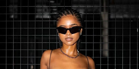 Tyla wears Balenciaga Bat Rectangle Sunglasses BB0229S 001