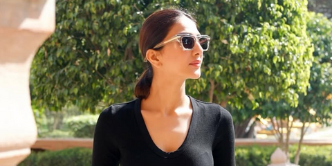 Bollywood actress Vaani Kapoor was seen wearing transparent beige Bottega Veneta BV1122S 003 sunglasses in her Instagram post, April 2025. Shop online now on Pretavoir