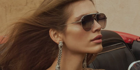 Model Valentina Sampaio was seen wearing Gucci GG2064S 004 aviator sunglasses with brown lenses in a Harper's Bazaar Greece feature, April 2026. Photographed by Andreas Ortner Studio.