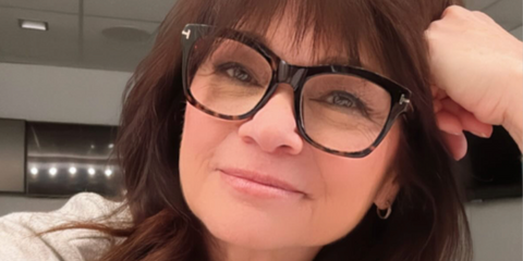 Actress and television personality Valerie Bertinelli was seen wearing tortoiseshell Tom Ford TF5886-B 052 Blue Control square optical glasses in her Instagram post, April 2025.