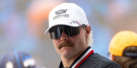Valtteri Bottas of Finland and the Cadillac team was seen wearing black Oakley Sutro Lite OO9463 05 Prizm sunglasses at the F1 Chinese Grand Prix, March 2026.