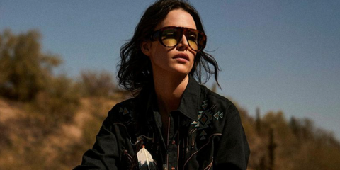 Model Vanessa Moody was seen wearing tortoiseshell Tom Ford Bronson TF1044 52N sunglasses with yellow green lenses in Madame Figaro, April 2025 issue, photographed by David Roemer