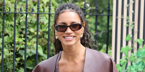 Television and radio presenter Vick Hope was seen wearing tortoiseshell Prada PR 17WS 2AU8C1 Symbole sunglasses with brown lenses at the Wimbledon Tennis Championship 2024.