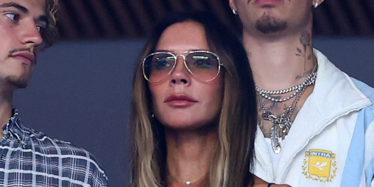 Victoria Beckham was seen wearing gold Victoria Beckham VB1008/S/BB J5GVM Blue Control aviator sunglasses at the FIFA World Cup 2026
