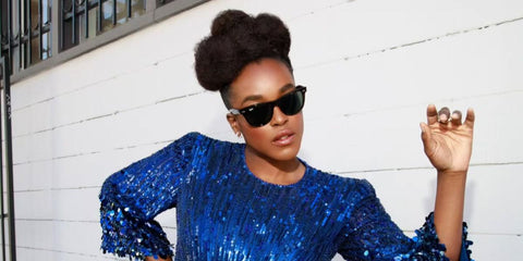 Actress Wunmi Mosaku was seen wearing black Ray-Ban Wayfarer RB 4340 601 sunglasses in a Schon! Magazine feature, issue 48.