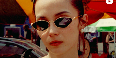 Model Xiao Wen Ju was seen wearing gold Miu Miu MU 56ZS ZVN5S0 sunglasses in her collaborative Instagram reel with Models.com, August 2025. Shop online now on Pretavoir