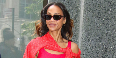 Zoe Saldana was seen wearing tortoiseshell Saint Laurent SL M148 003 cat eye sunglasses ouside LIVE with Kelly and Mark studio in New York City, June 2025. Shop online now on Pretavoir